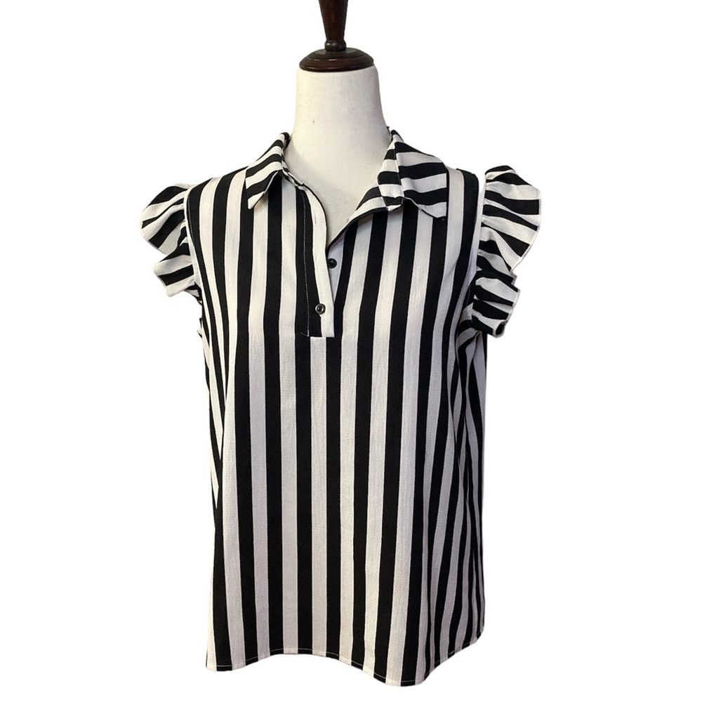Striped Collar V-Neck Ruffle Cap Sleeve - M
